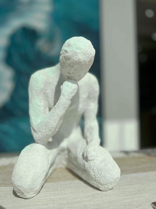Minimalist Abstract Sitting Figure Sculpture – Textured White Finish
