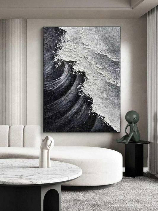 Black and White Waves Abstract Art