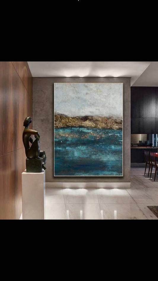 Coastal Dreamscape - Blue & Gold Abstract Landscape