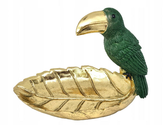 Gold Leaf Tray with Green Parrot Figurine